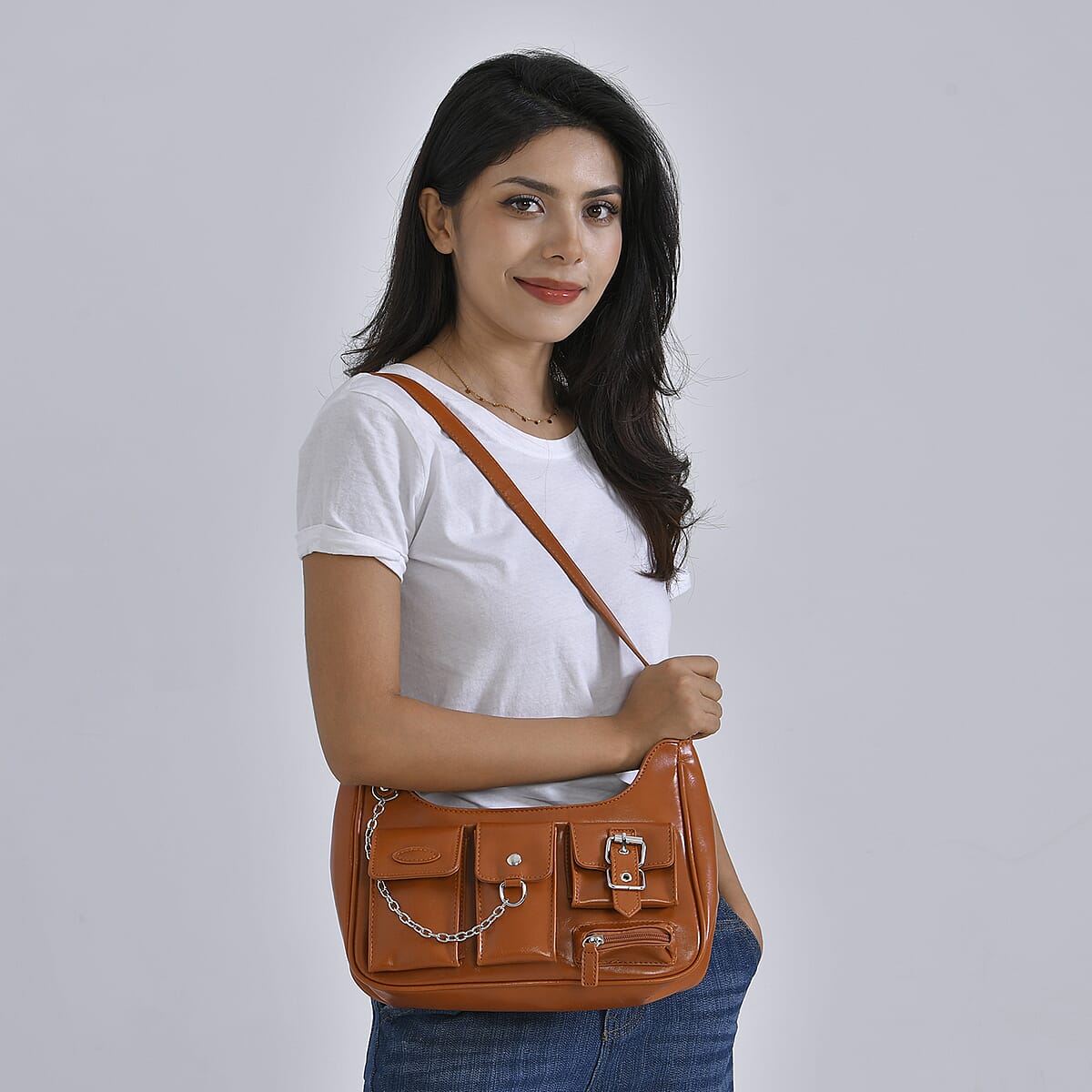 Tan Multi-Pocket Faux Leather Crossbody Bag with Adjustable Shoulder Strap image number 1
