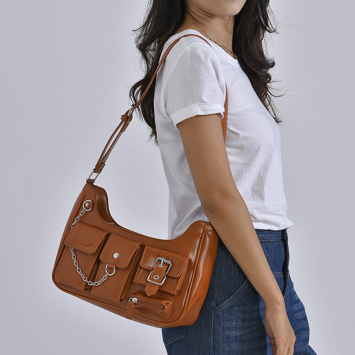 Tan Multi-Pocket Faux Leather Crossbody Bag with Adjustable Shoulder Strap image number 2