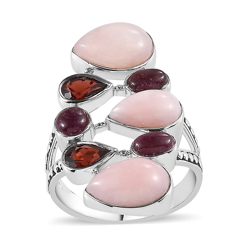 Sajen Silver Peruvian Pink Opal and Multi Gemstone 8.40 ctw Ring in Rhodium Over Sterling Silver (Size 10.0)
