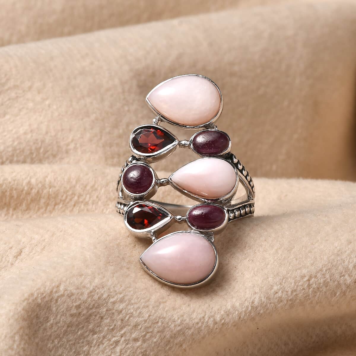 Sajen Silver Peruvian Pink Opal, Multi Gemstone Ring in Rhodium Over Sterling Silver (Size 10.0) 8.40 ctw image number 1