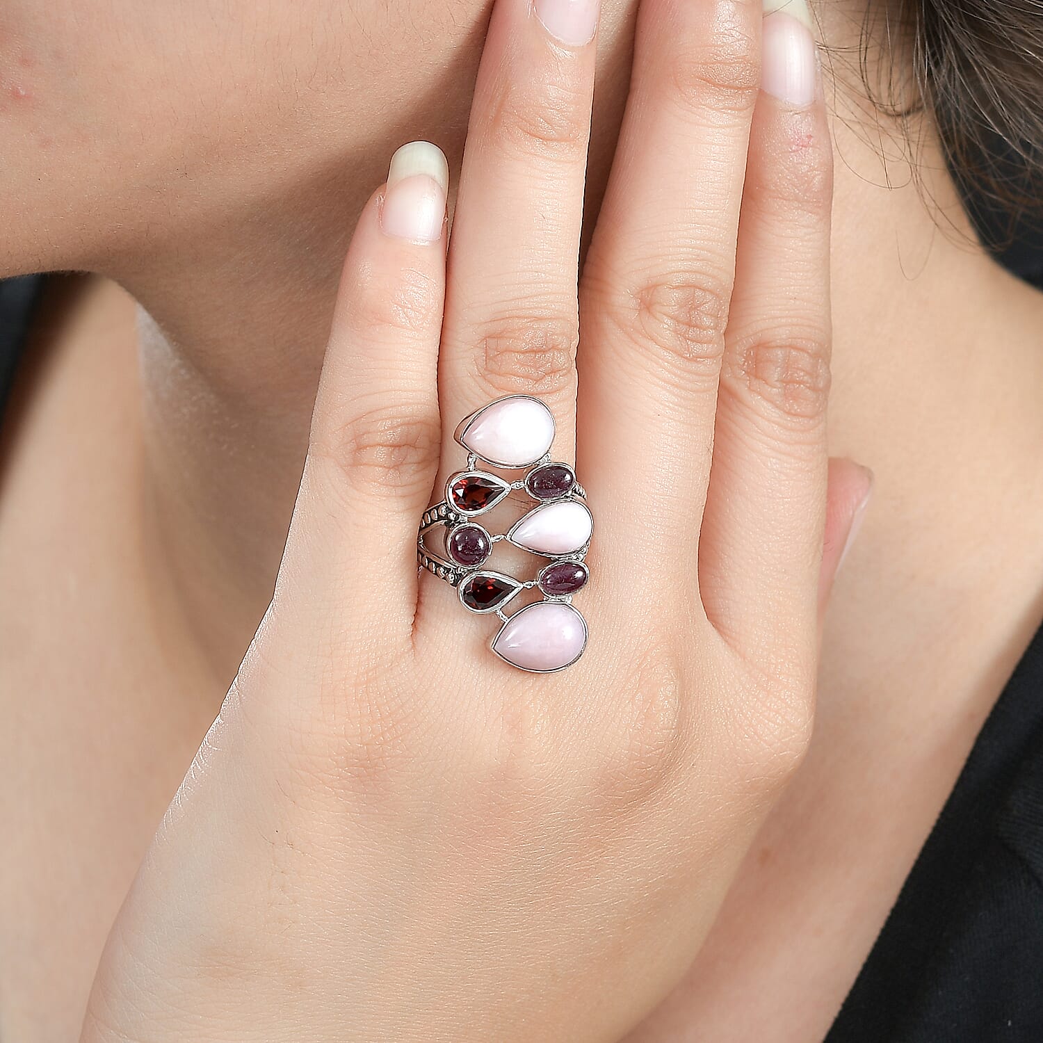 Sajen Silver Peruvian Pink Opal and Multi Gemstone 8.40 ctw Ring in Rhodium Over Sterling Silver (Size 10.0)