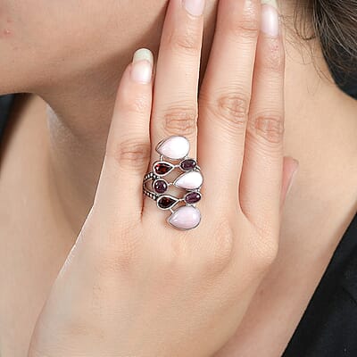 Sajen Silver Peruvian Pink Opal and Multi Gemstone 8.40 ctw Ring in Rhodium Over Sterling Silver (Size 10.0)