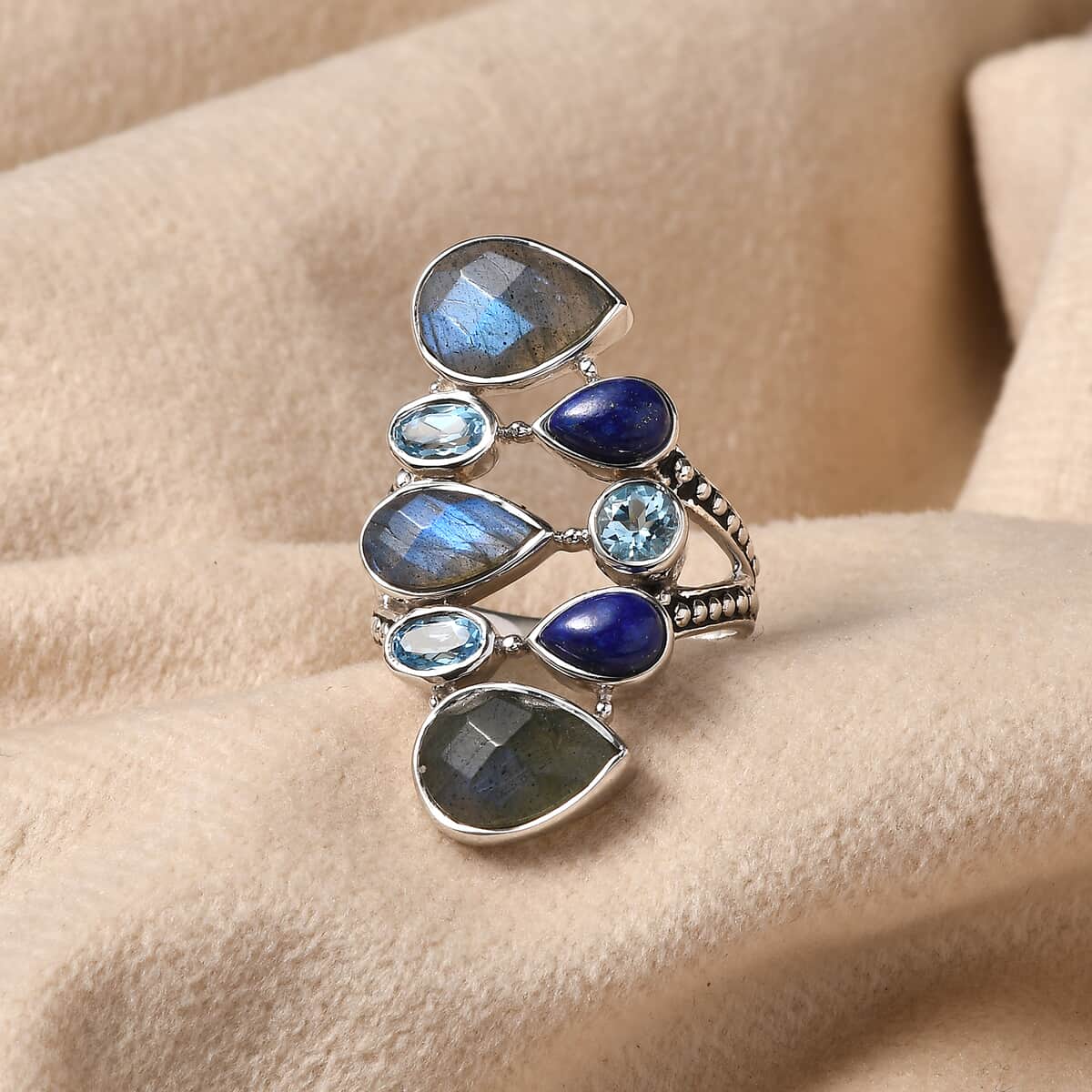 Sajen Silver Malagasy Labradorite and Multi Gemstone 7.00 ctw Ring in Rhodium Over Sterling Silver (Size 10.0) image number 1