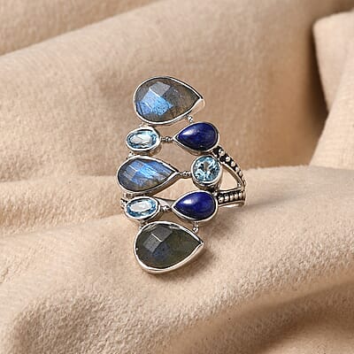 Sajen Silver Malagasy Labradorite and Multi Gemstone 7.00 ctw Ring in Rhodium Over Sterling Silver (Size 10.0)