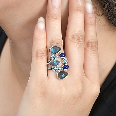 Sajen Silver Malagasy Labradorite and Multi Gemstone 7.00 ctw Ring in Rhodium Over Sterling Silver (Size 10.0)