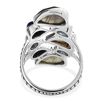 Sajen Silver Malagasy Labradorite and Multi Gemstone 7.00 ctw Ring in Rhodium Over Sterling Silver (Size 10.0)