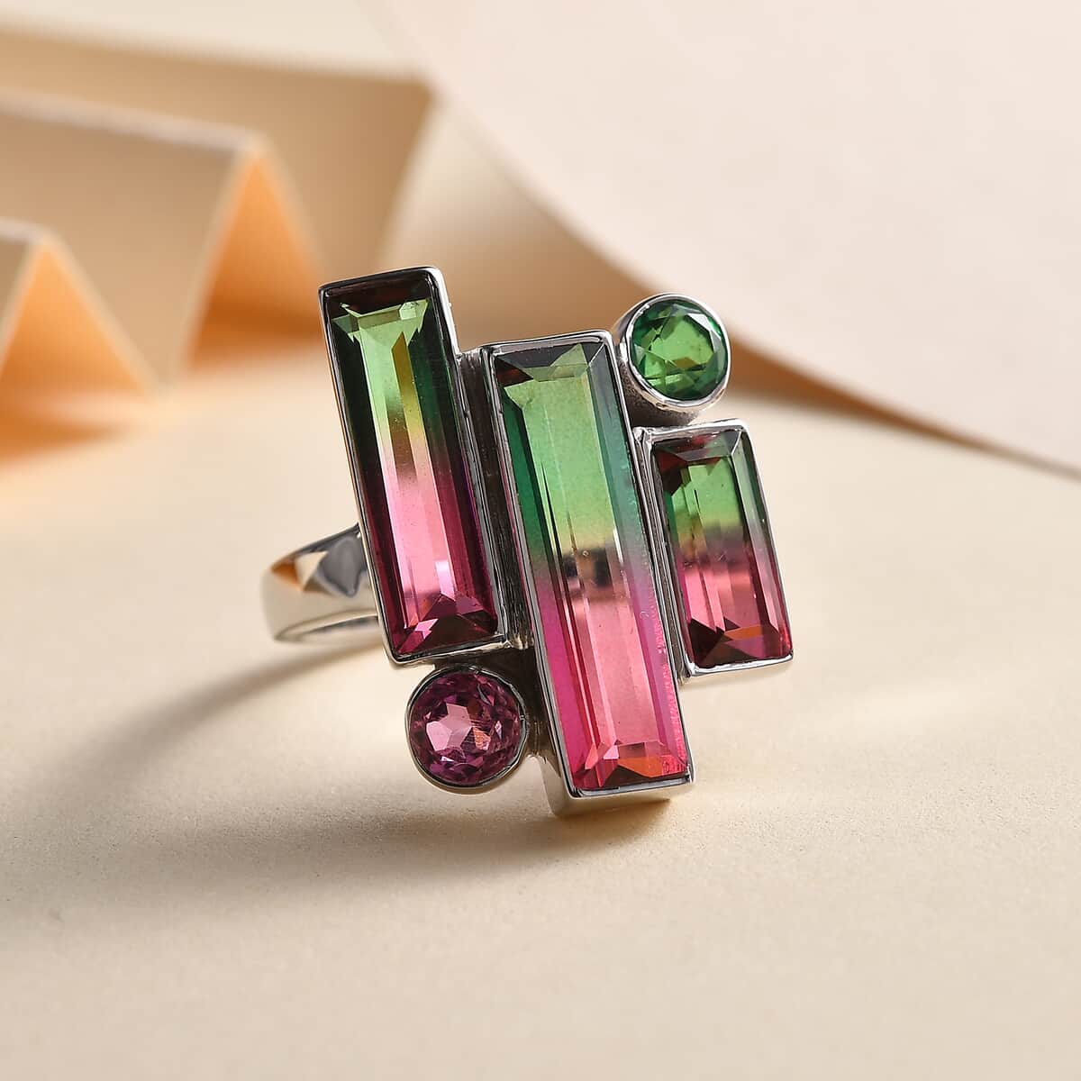 Sajen Silver Watermelon Quartz (Triplet) and Multi Gemstone 6.25 ctw Ring in Rhodium Over Sterling Silver (Size 10.0) image number 1