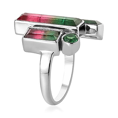Sajen Silver Watermelon Quartz (Triplet) and Celestial Pink and Green Quartz 6.25 ctw Ring in Rhodium Over Sterling Silver (Size 10.0)