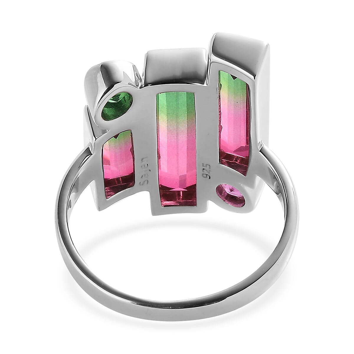 Sajen Silver Watermelon Quartz (Triplet) and Celestial Pink and Green Quartz 6.25 ctw Ring in Rhodium Over Sterling Silver (Size 10.0)