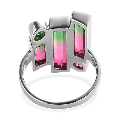 Sajen Silver Watermelon Quartz (Triplet) and Celestial Pink and Green Quartz 6.25 ctw Ring in Rhodium Over Sterling Silver (Size 10.0)
