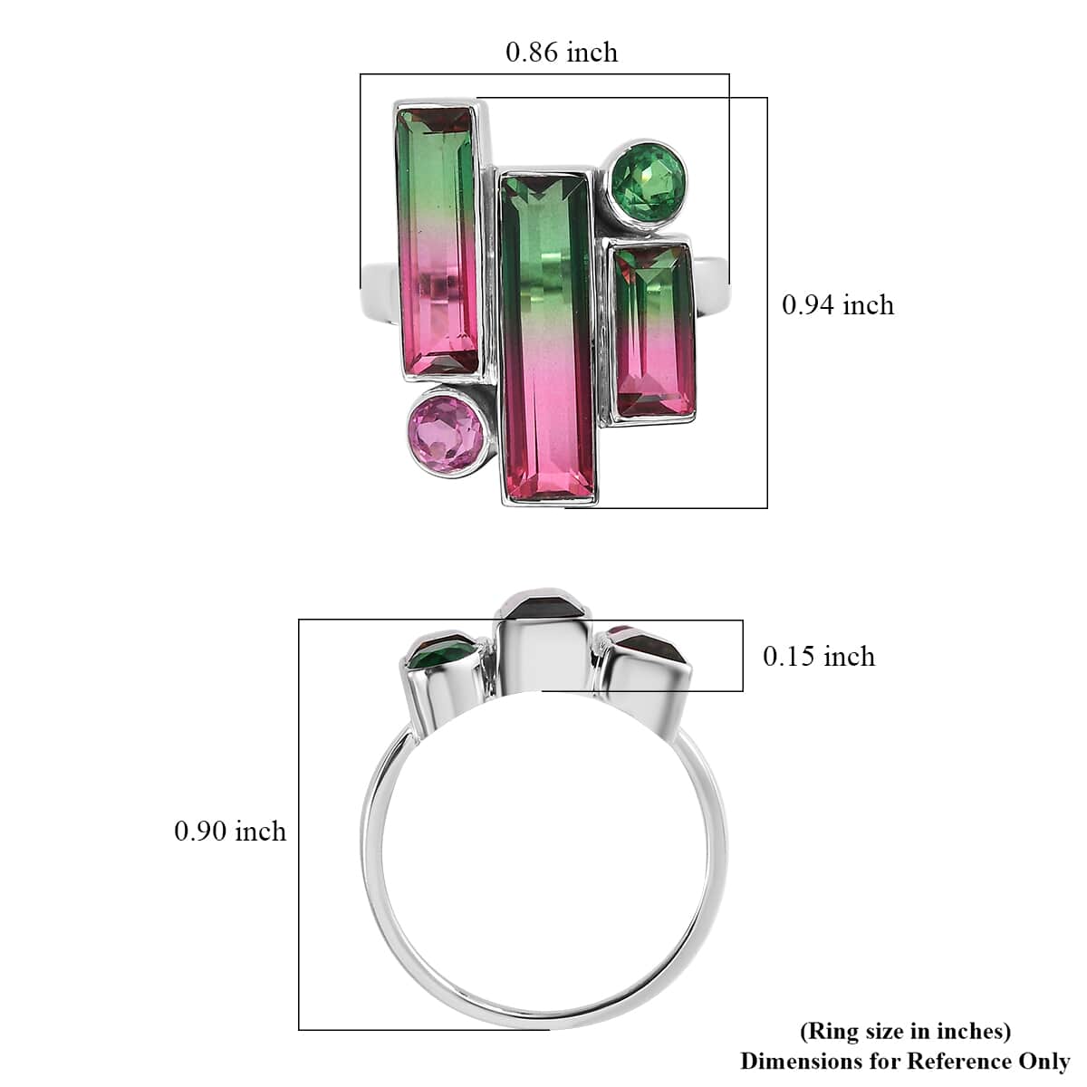 Sajen Silver Watermelon Quartz (Triplet) and Multi Gemstone 6.25 ctw Ring in Rhodium Over Sterling Silver (Size 10.0) image number 5