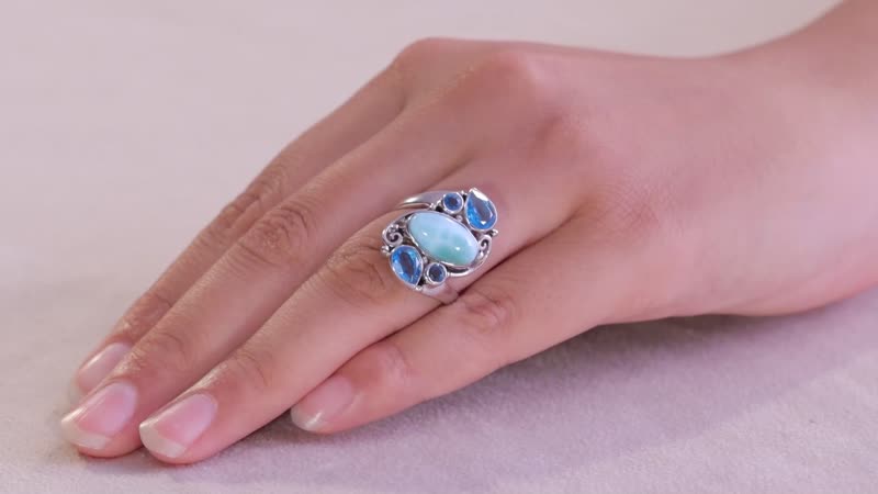 Sajen Silver Larimar Celestial Blue Quartz Doublet and Larimar Ring in Rhodium Over Sterling Silver (Size 10.0) 6.50 ctw