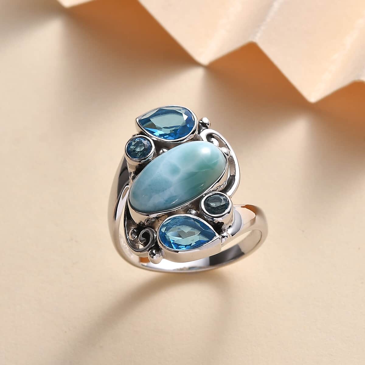 Sajen Silver Larimar Celestial Blue Quartz Doublet and Larimar Ring in Rhodium Over Sterling Silver (Size 10.0) 6.50 ctw image number 1