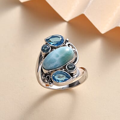 Sajen Silver Larimar and Celestial Blue Doublet Quartz 6.50 ctw Ring in Rhodium Over Sterling Silver (Size 10.0)