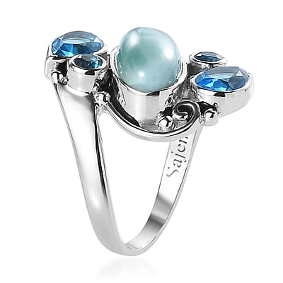 Sajen Silver Larimar and Celestial Blue Doublet Quartz 6.50 ctw Ring in Rhodium Over Sterling Silver (Size 10.0)