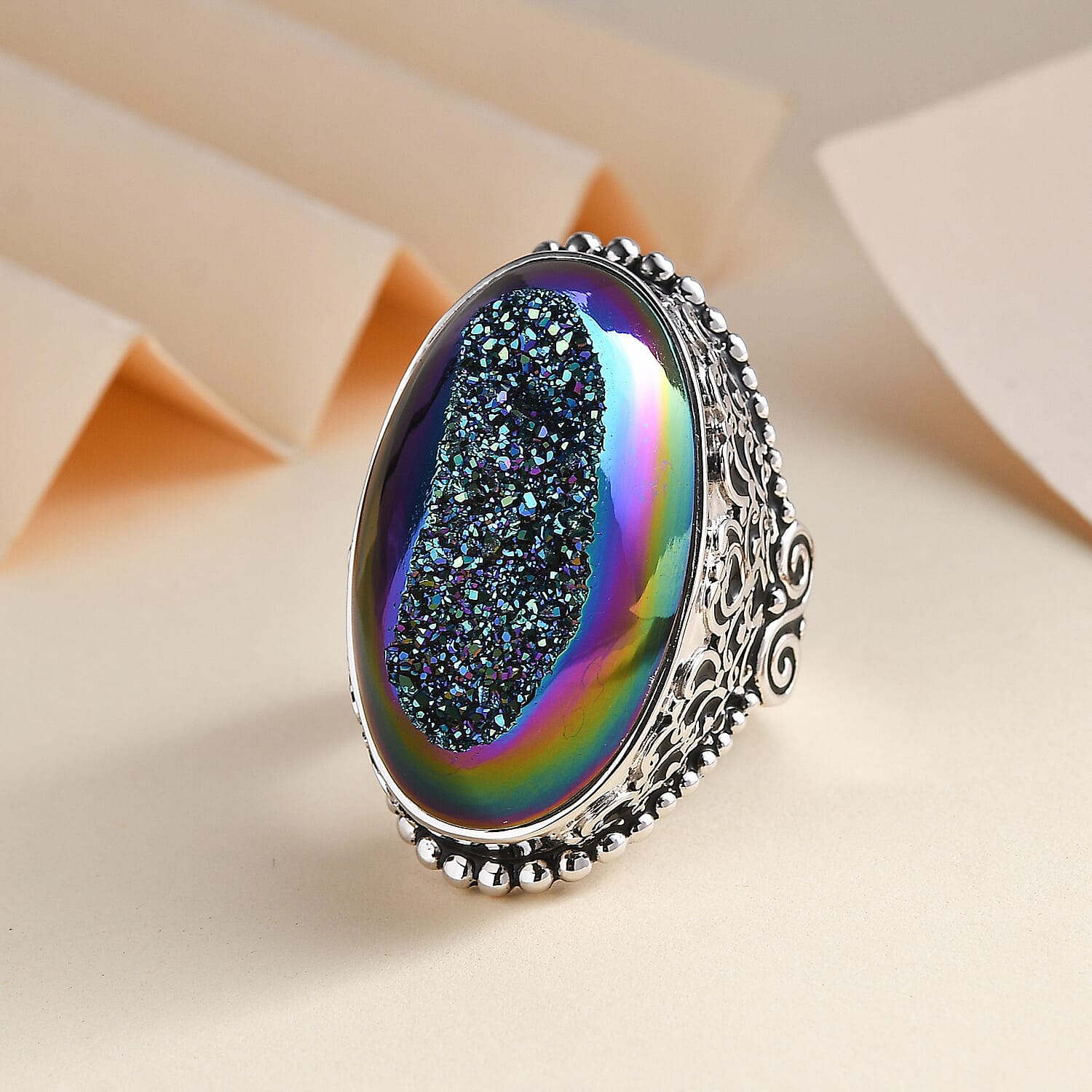 Sajen Silver Forest Window Drusy Quartz 33.50 ctw Ring in Rhodium Sterling Silver (Size 10.0)