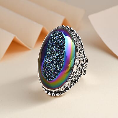 Sajen Silver Forest Window Drusy Quartz 33.50 ctw Ring in Rhodium Sterling Silver (Size 10.0)