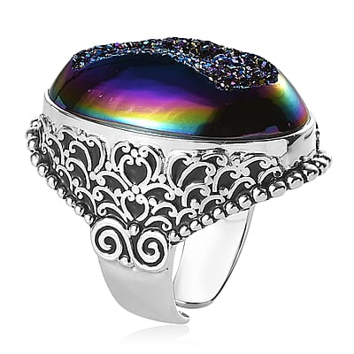 Sajen Silver Forest Window Drusy Quartz 33.50 ctw Ring in Rhodium Sterling Silver (Size 10.0)