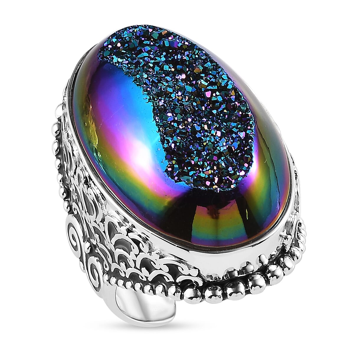 Sajen Silver Forest Window Drusy Quartz 33.50 ctw Ring in Rhodium Sterling Silver (Size 7.0) image number 0