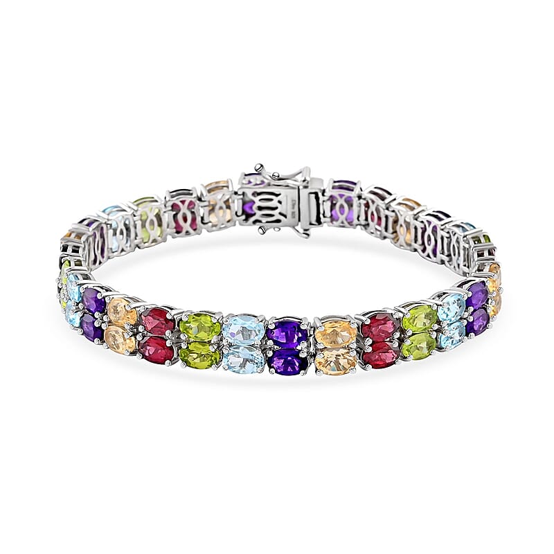 Multi Gemstone 2 Row Tennis Bracelet in Platinum Over Sterling Silver (7.50 In) 29.10 ctw