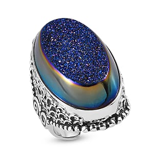 Sajen Silver Blue Window Drusy Quartz 33.50 ctw Ring in Rhodium Sterling Silver (Size 7.0)
