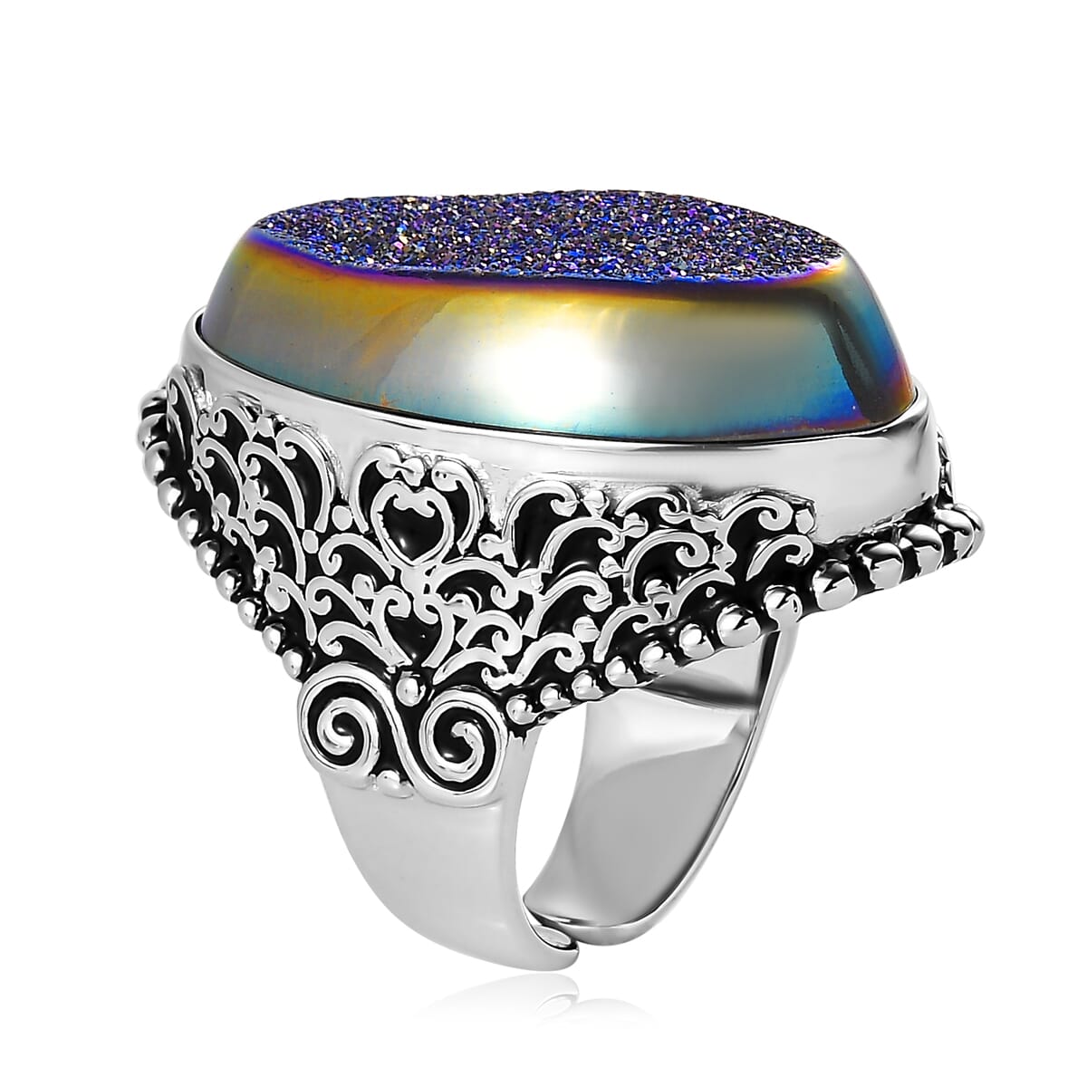 Sajen Silver Blue Window Drusy Quartz 33.50 ctw Ring in Rhodium Sterling Silver (Size 7.0) image number 3