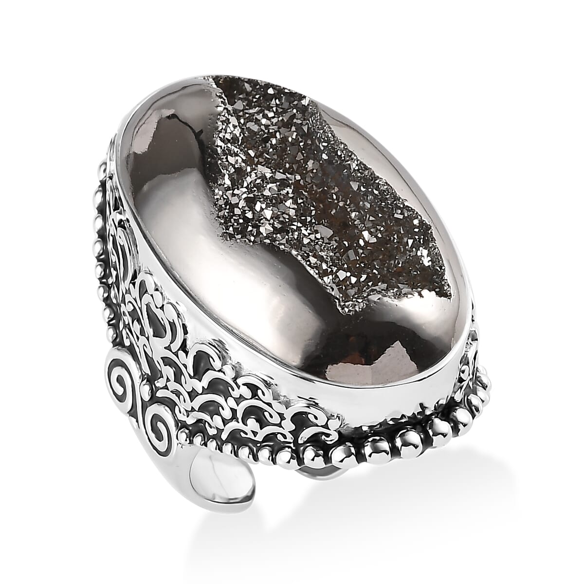 Sajen Silver Platinum Drusy Quartz 33.50 ctw Ring in Rhodium Over Sterling Silver (Size 7.0) image number 0