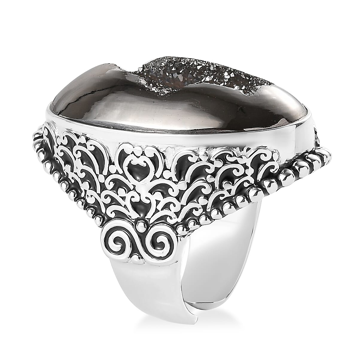 Sajen Silver Platinum Drusy Quartz 33.50 ctw Ring in Rhodium Over Sterling Silver (Size 8.0) image number 3
