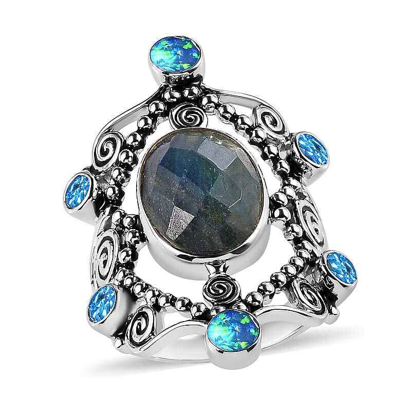 Sajen Silver Malagasy Labradorite and Multi Gemstone 6.25 ctw Ring in Rhodium Over Sterling Silver (Size 10.0)