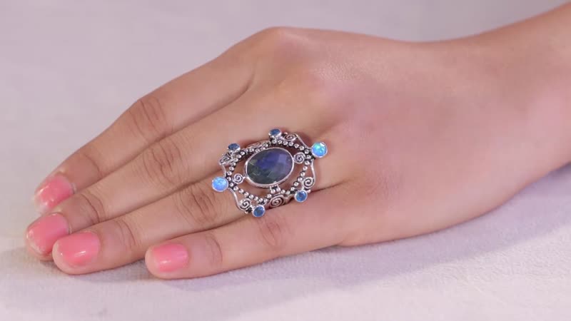 Sajen Silver Malagasy Labradorite and Multi Gemstone Ring in Rhodium Over Sterling Silver (Size 10.0) 6.25 ctw