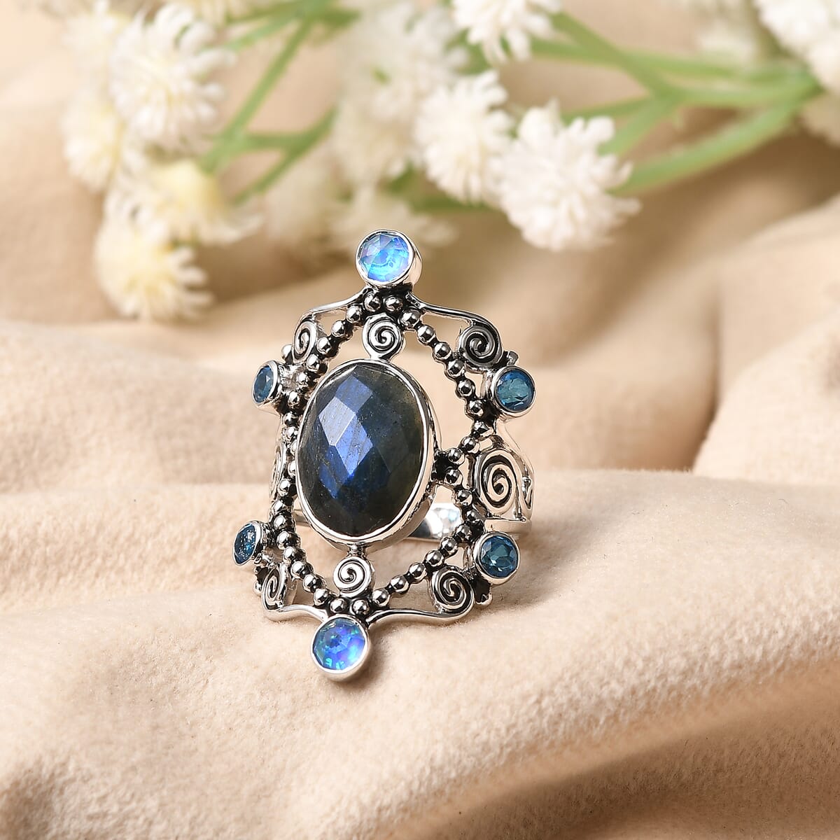 Sajen Silver Malagasy Labradorite and Multi Gemstone 6.25 ctw Ring in Rhodium Over Sterling Silver (Size 6.0) image number 1
