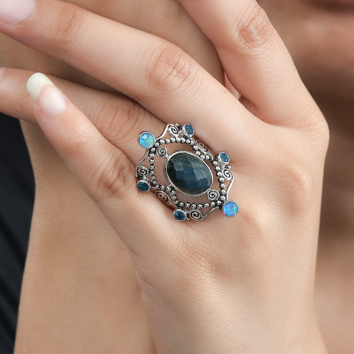 Sajen Silver Malagasy Labradorite and Multi Gemstone 6.25 ctw Ring in Rhodium Over Sterling Silver (Size 6.0) image number 2
