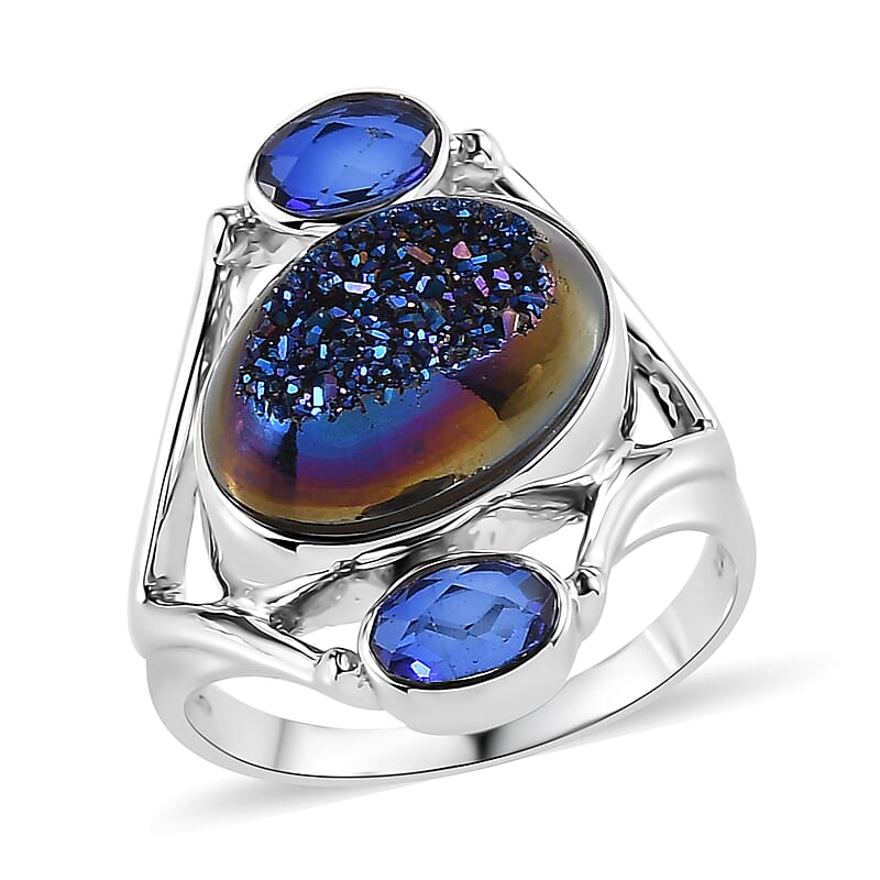 Sajen Silver Forest Window Drusy Quartz and Celestial Blue Quartz 7.10 ctw Ring in Rhodium Over Sterling Silver (Size 10.0)