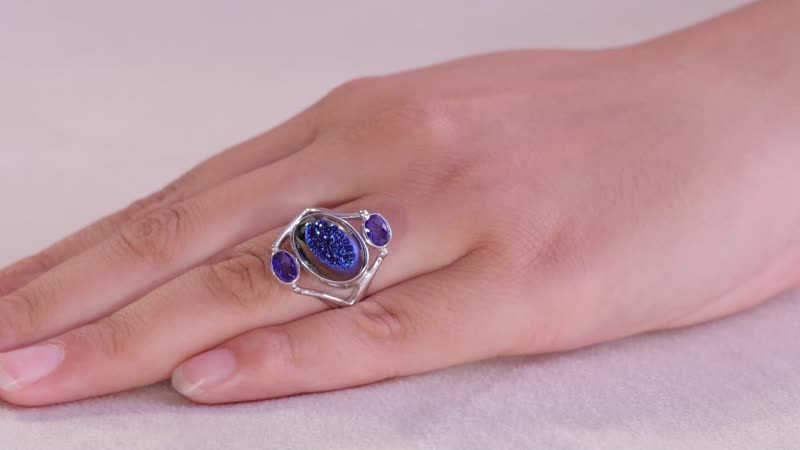 Sajen Silver Forest Window Drusy Quartz and Celestial Blue Quartz Ring in Rhodium Over Sterling Silver (Size 10.0) 7.10 ctw