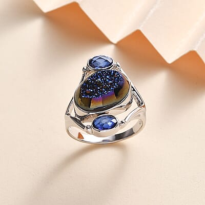Sajen Silver Forest Window Drusy Quartz and Celestial Blue Quartz 7.10 ctw Ring in Rhodium Over Sterling Silver (Size 10.0)