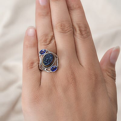 Sajen Silver Forest Window Drusy Quartz and Celestial Blue Quartz 7.10 ctw Ring in Rhodium Over Sterling Silver (Size 10.0)