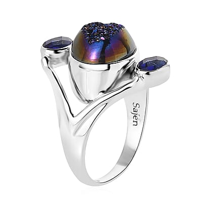 Sajen Silver Forest Window Drusy Quartz and Celestial Blue Quartz 7.10 ctw Ring in Rhodium Over Sterling Silver (Size 10.0)