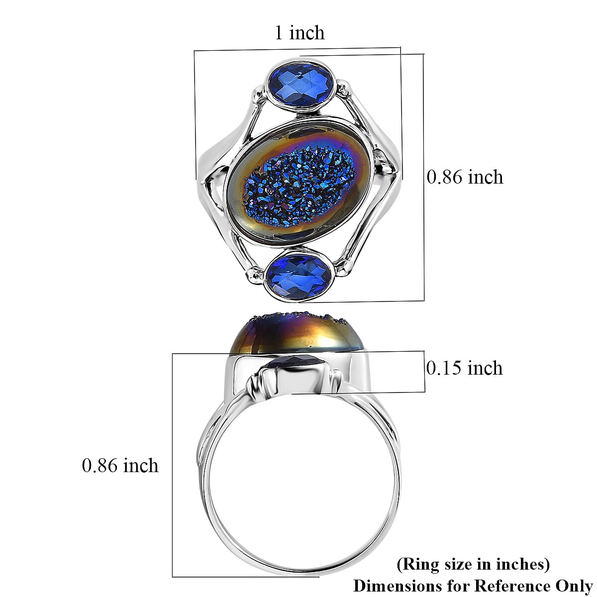 Sajen Silver Forest Window Drusy Quartz and Celestial Blue Quartz 7.10 ctw Ring in Rhodium Over Sterling Silver (Size 10.0)
