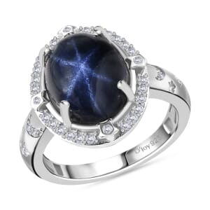 Blue Star Sapphire (DF) and Moissanite 6.50 ctw Celestial Ring in Rhodium Over Sterling Silver (Size 10.0)