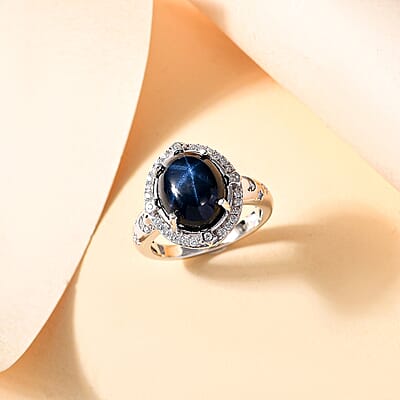 D'Joy Blue Star Sapphire (DF) and Moissanite 6.50 ctw Celestial Ring in Rhodium Over Sterling Silver (Size 10.0)