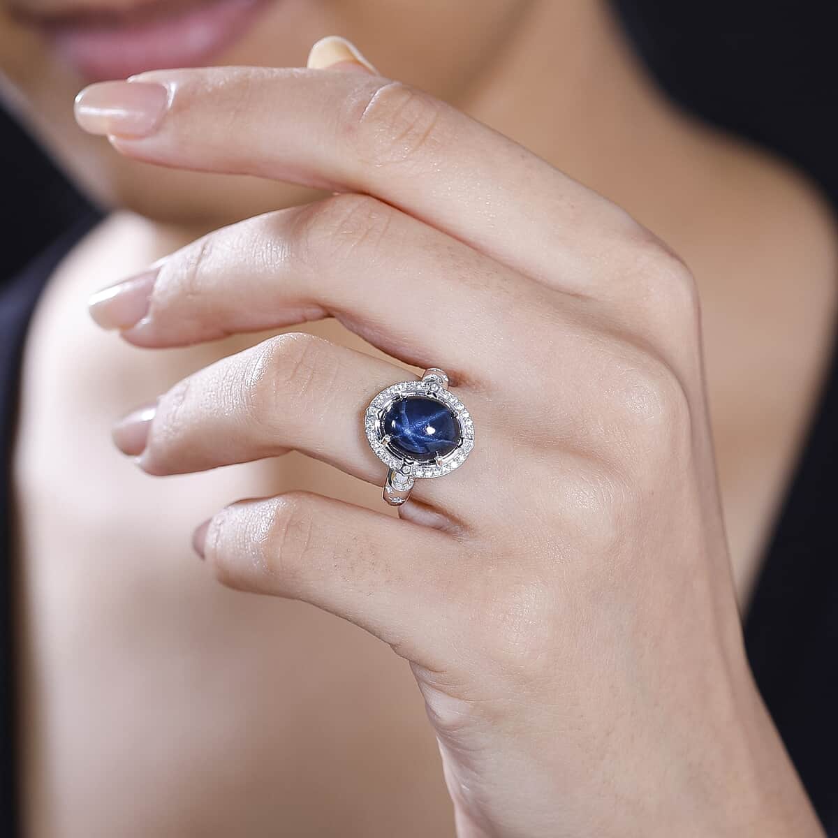 Blue Star Sapphire (DF) and Moissanite 6.50 ctw Celestial Ring in Rhodium Over Sterling Silver (Size 10.0) image number 2