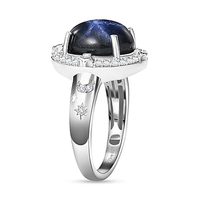 D'Joy Blue Star Sapphire (DF) and Moissanite 6.50 ctw Celestial Ring in Rhodium Over Sterling Silver (Size 10.0)