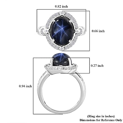 D'Joy Blue Star Sapphire (DF) and Moissanite 6.50 ctw Celestial Ring in Rhodium Over Sterling Silver (Size 10.0)