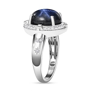 Blue Star Sapphire (DF) and Moissanite 6.50 ctw Celestial Ring in Rhodium Over Sterling Silver (Size 5.0)