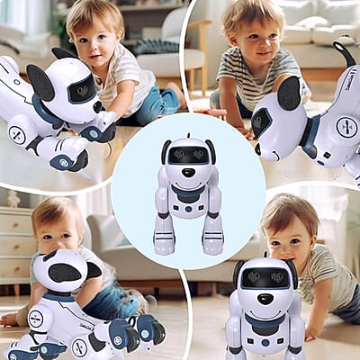 Multi-Functional Robotic Stunt Toy Dog with Remote Control and LED Eyes - Gray