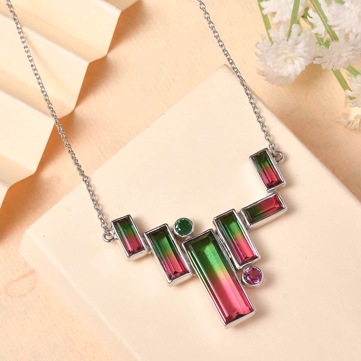 Sajen Silver Watermelon Quartz (Triplet) and Celestial Pink and Green Quartz 18.15 ctw Necklace in Rhodium Over Sterling Silver 18 Inches image number 1