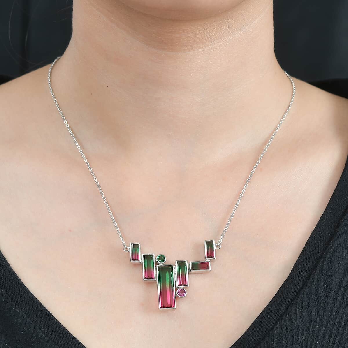 Sajen Silver Watermelon Quartz (Triplet) and Celestial Pink and Green Quartz 18.15 ctw Necklace in Rhodium Over Sterling Silver 18 Inches image number 2