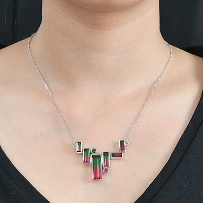 Sajen Silver Watermelon Quartz (Triplet) and Celestial Pink and Green Quartz 18.15 ctw Necklace in Rhodium Over Sterling Silver 18 Inches