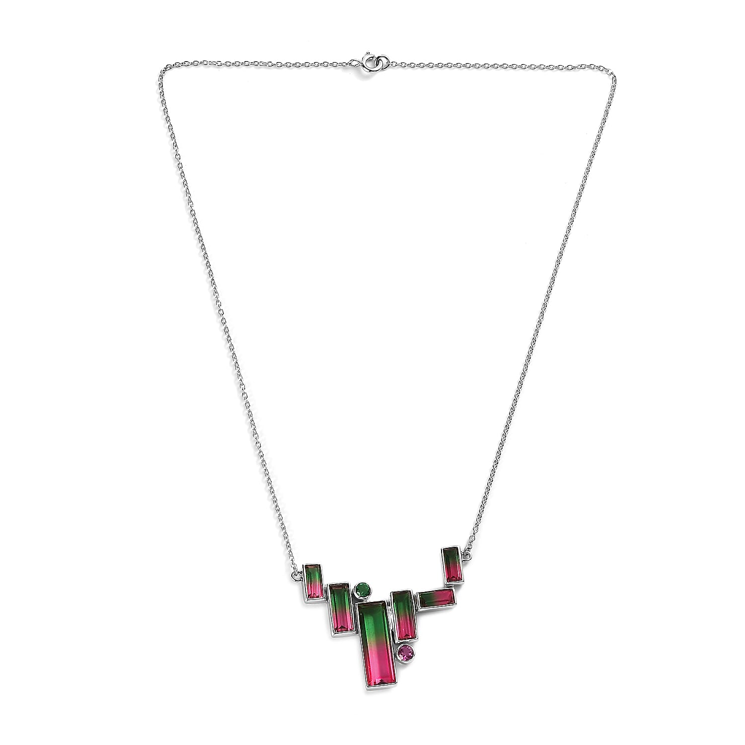 Sajen Silver Watermelon Quartz (Triplet) and Celestial Pink and Green Quartz 18.15 ctw Necklace in Rhodium Over Sterling Silver 18 Inches