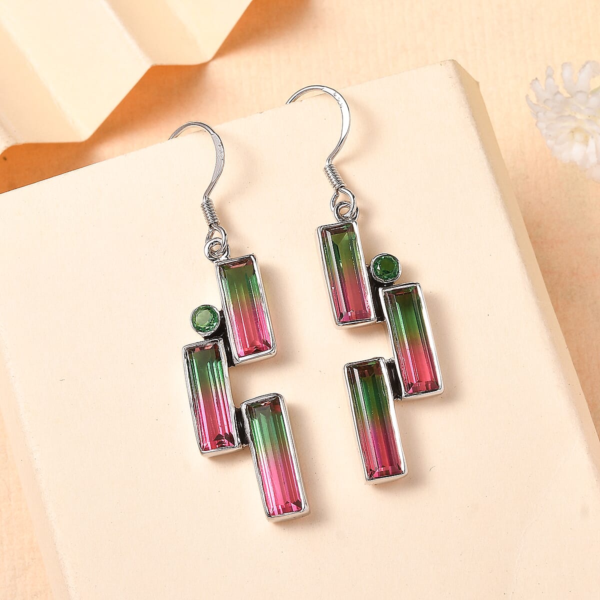 Epic Deal Sajen Silver Watermelon Quartz (Triplet) and Celestial Green Coated Quartz 12.50 ctw Earrings in Rhodium Over Sterling Silver image number 1